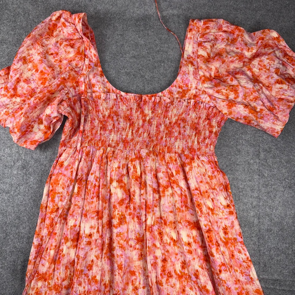 Anthropologie Short-Sleeve Smocked Puff Babydoll Midi Dress with Pockets XL